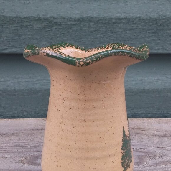 2002 Zanesville Ohio Pottery Stoneware Ruffled Rustic vase  spongeware trees 6" - Picture 3 of 10